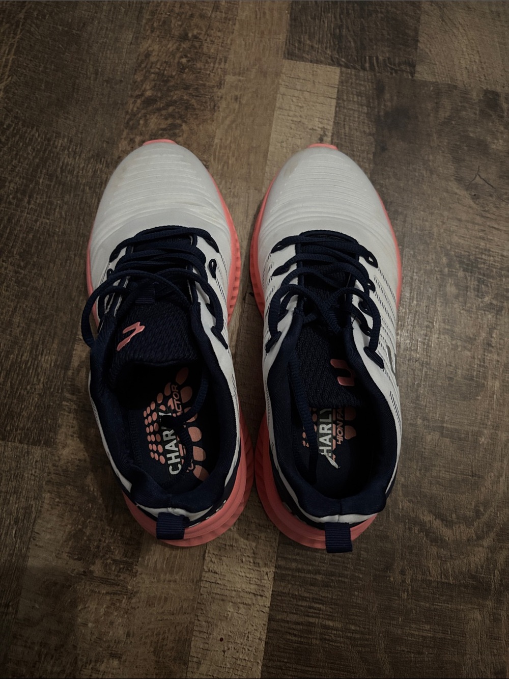 Womens White & Navy Athletic Shoes with Pink Accents